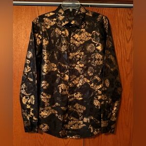 Pavini Mens Size Medium Button Up Casual Dress Shirt Black And Golden Paisley